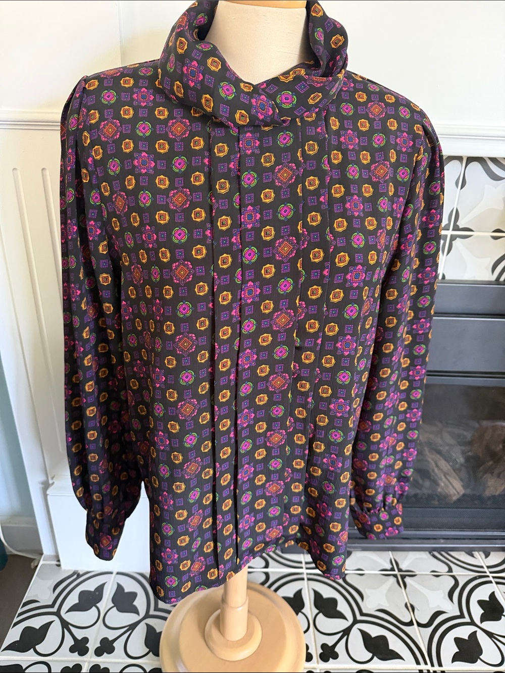 Purple Patterned Long Sleeve Blouse with Cowl Neck pleated front